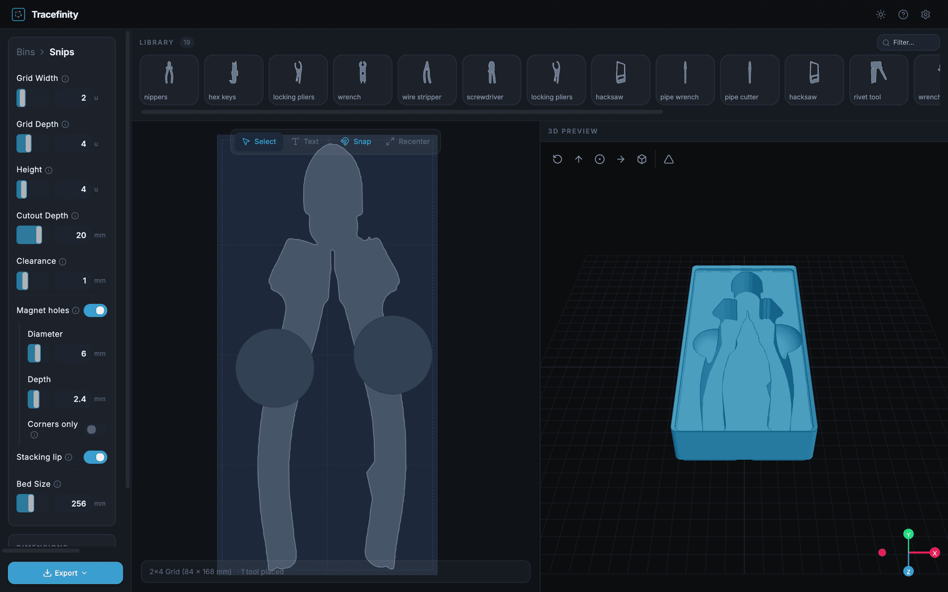 Bin configurator with 2D layout, settings panel, and 3D preview