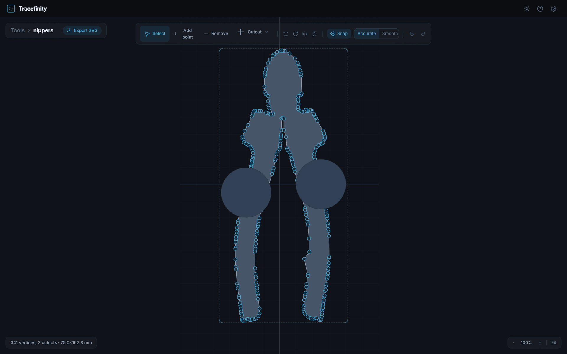 Tracing interface showing a pair of pliers with the generated mask