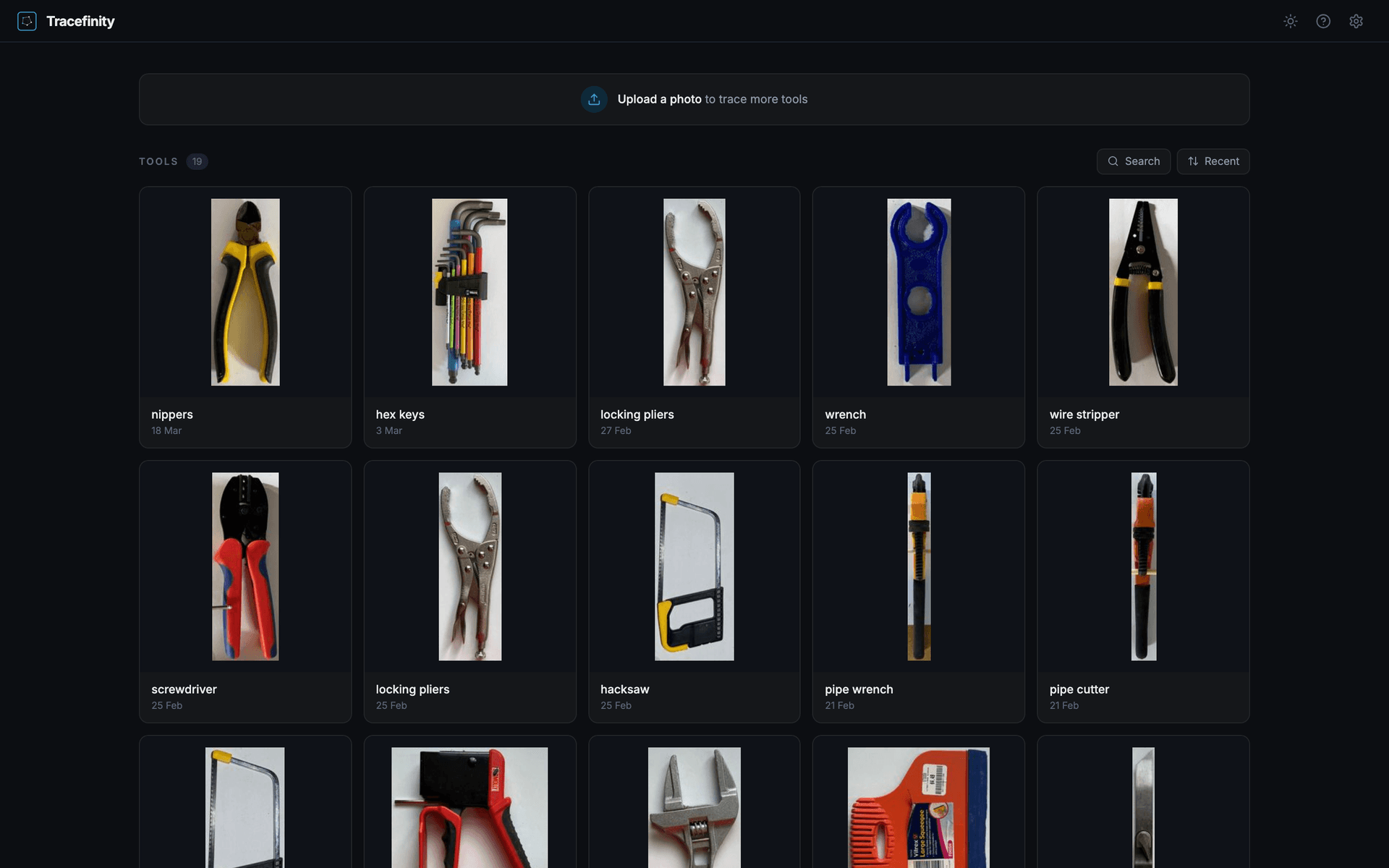 Tool library showing traced tools in a grid view